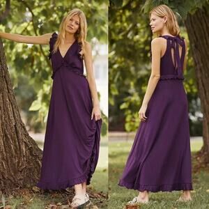 ANTHROPOLOGIE Ruffle V Neck Maxi Dress Purple Small S